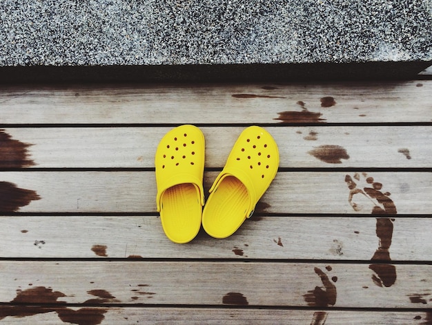 High angle view of shoes on wood