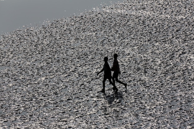 Foto vista ad alta angolazione della silhouette di persone che camminano sulla spiaggia