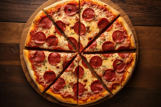 High angle view of sliced mushroom pepperoni pizza on brown paper over wooden table