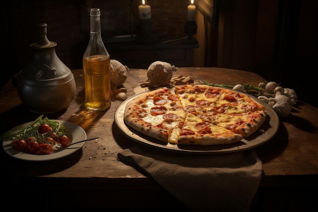 High angle view of sliced mushroom pepperoni pizza on brown paper over wooden table