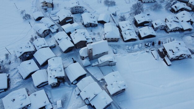 High angle view of snow covered little village