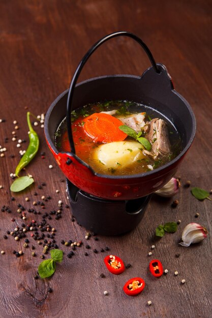 High angle view of soup in bowl on table