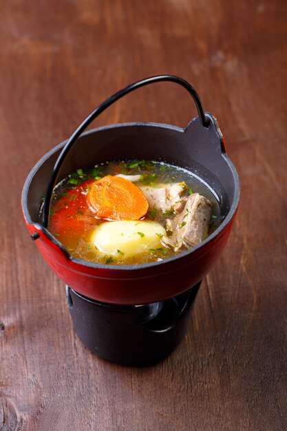 High angle view of soup in bowl on table