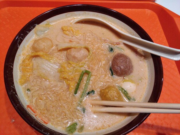 High angle view of soup in bowl on table