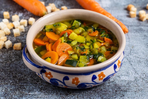 High angle view of soup in bowl on table