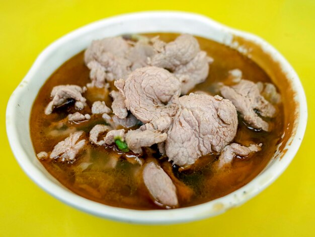 High angle view of soup in bowl on table