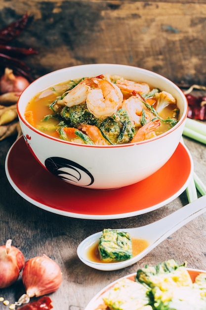 High angle view of soup in bowl on table