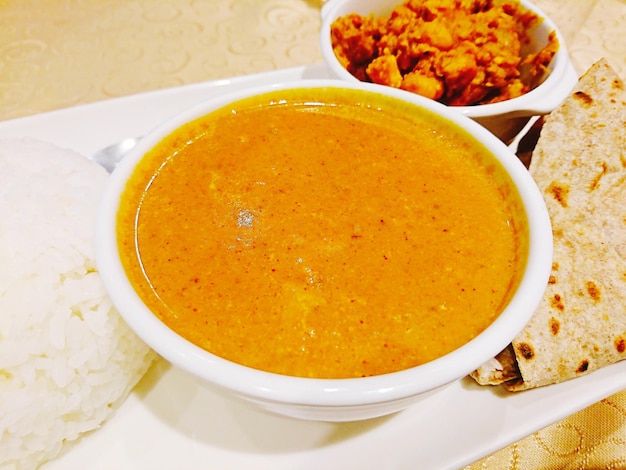 High angle view of soup in bowl on table