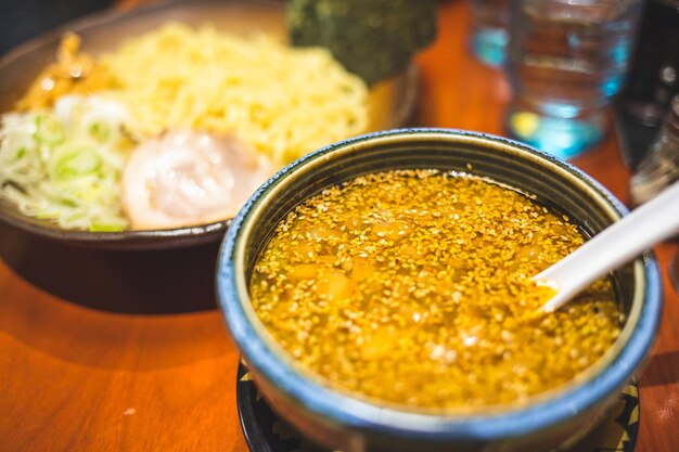 High angle view of soup in bowl on table