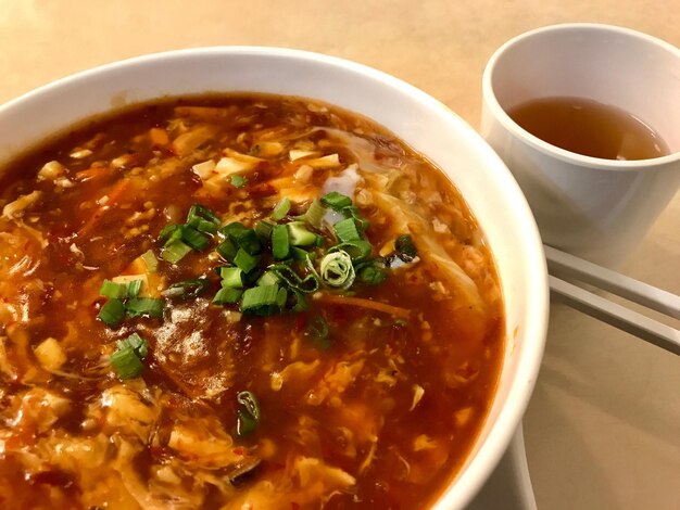 High angle view of soup in bowl on table