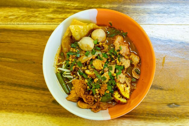 High angle view of soup in bowl on table