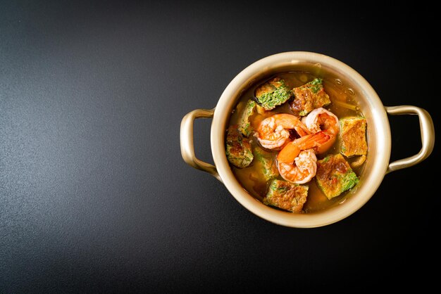 High angle view of soup in bowl on table