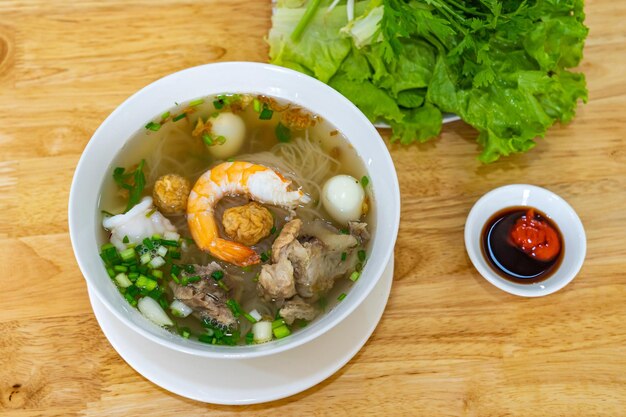 High angle view of soup in bowl on table