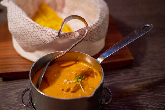 High angle view of soup in bowl on table