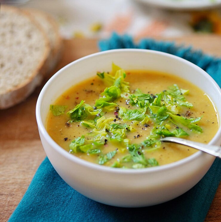 High angle view of soup in bowl on table