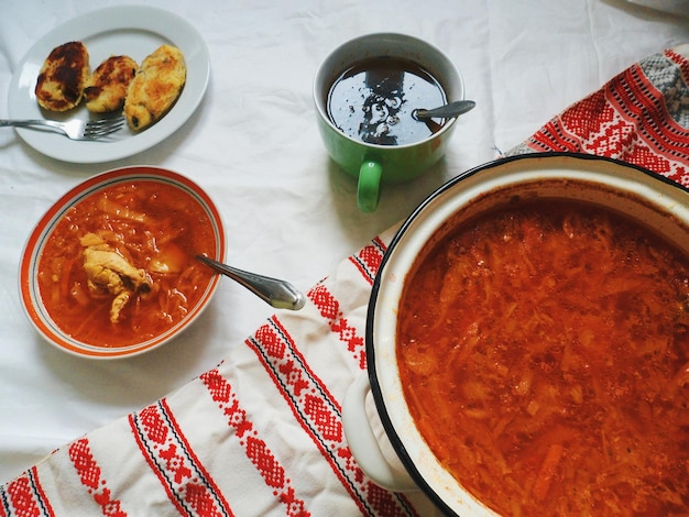 high angle view of soup in bowl on table