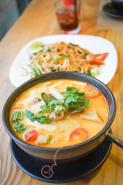 High angle view of soup in bowl on table