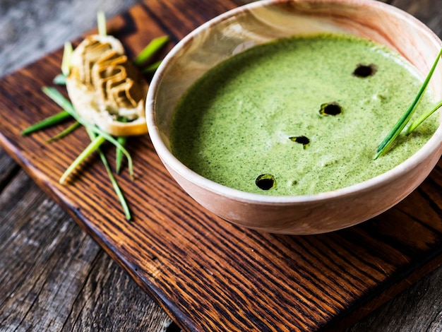 high angle view of soup in bowl on table