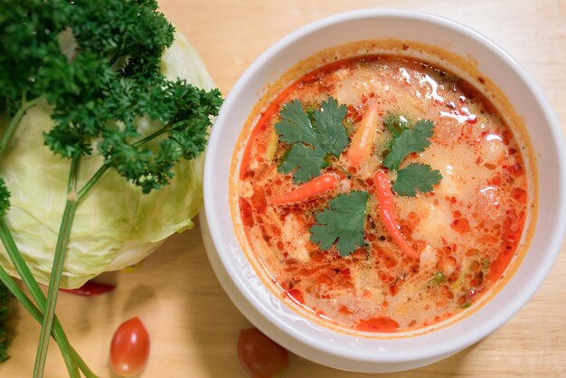 High angle view of soup in bowl on table