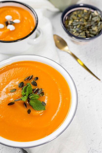 High angle view of soup in bowl on table