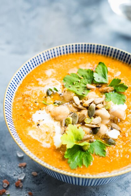 High angle view of soup in bowl on table