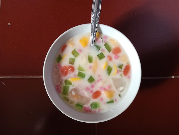 High angle view of soup in bowl