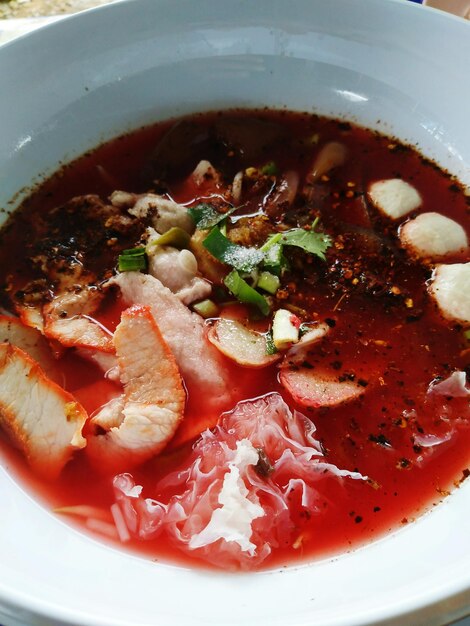 High angle view of soup in bowl