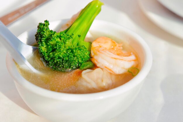 High angle view of soup in bowl