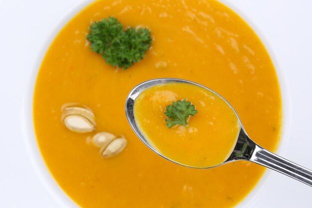 High angle view of soup in bowl