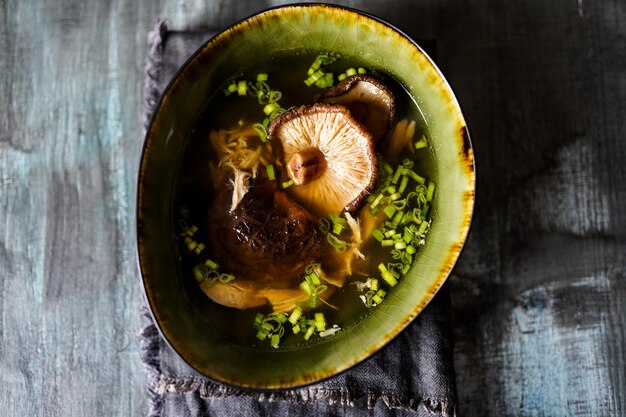 High angle view of soup in plate on table