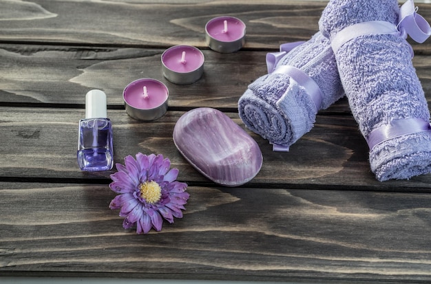 High angle view of spa treatment items on wooden table