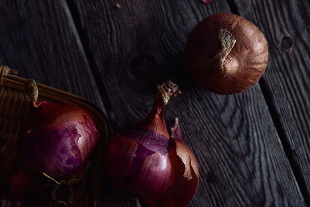 high angle view of spanish onion basket on table