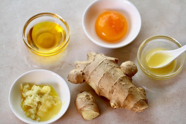 High angle view of spice with egg and ginger on table