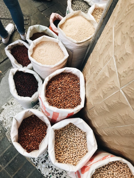 Photo high angle view of spices for sale at market stall