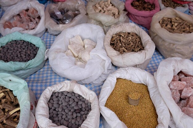 Photo high angle view of spices for sale at market stall