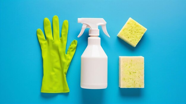 High angle view of spray bottle gloves and sponge on blue background