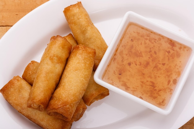 High angle view of spring rolls in plate