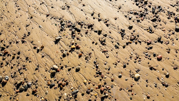 ビーチの湿った岸の石の高角度の景色