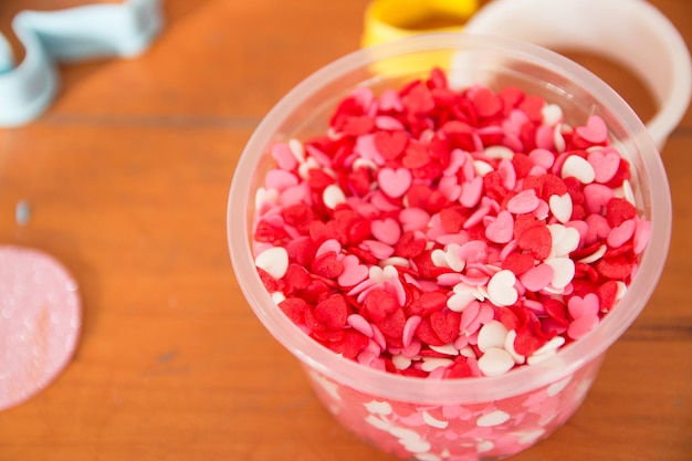 High angle view of strawberries in bowl on table