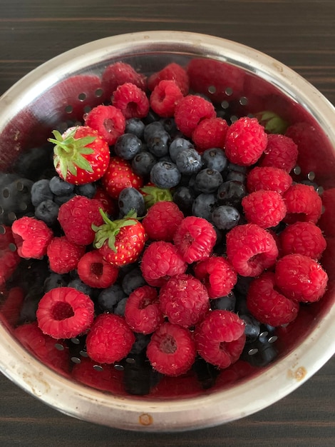 High angle view of strawberries in bowl