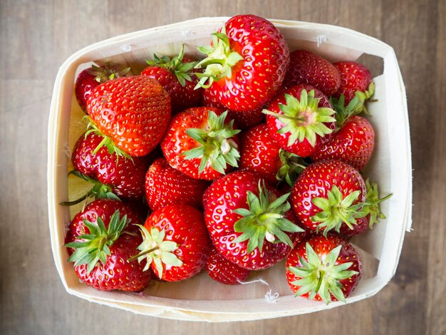 High angle view of strawberries in bowl