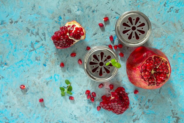 High angle view of strawberries in jar on table