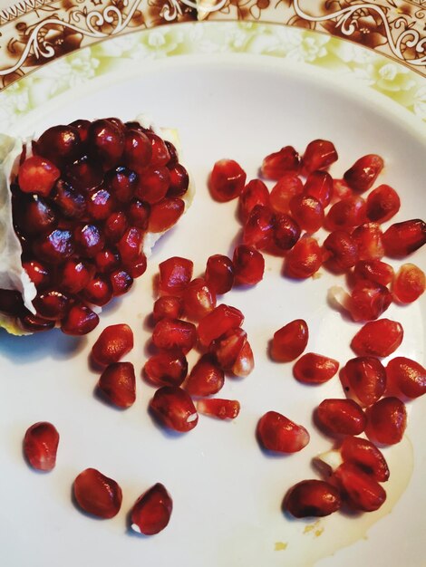 High angle view of strawberries in plate