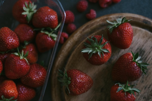 High angle view of strawberries on table