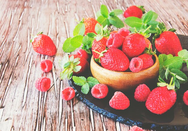 High angle view of strawberries on table