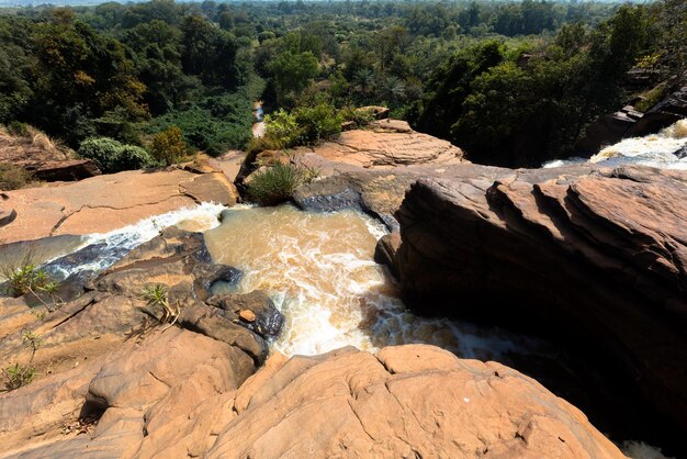 High angle view of stream flowing on mountain