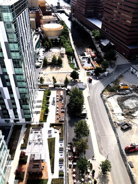 High angle view of street amidst buildings in city