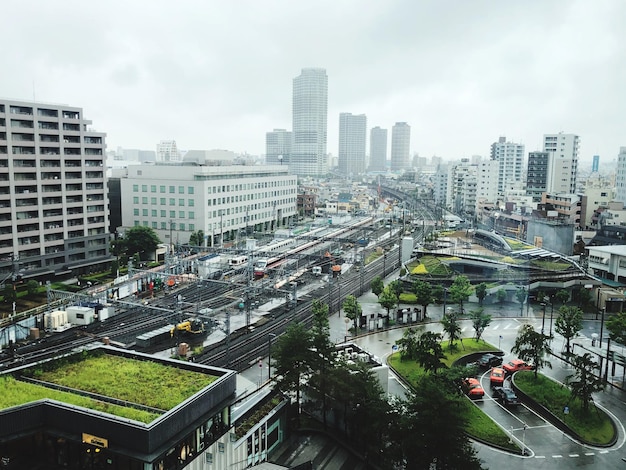 High angle view of street amidst buildings in city