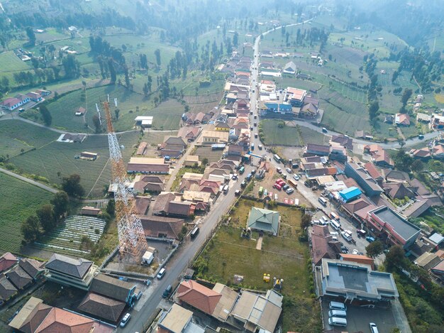 High angle view of street amidst buildings in city