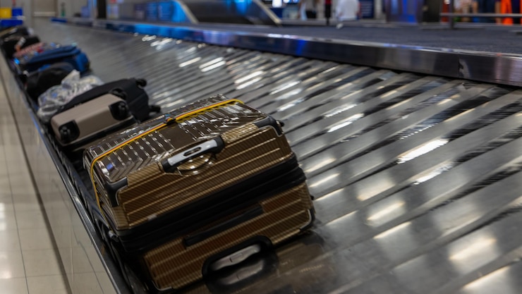Photo high angle view of suitcases on conveyor belt
